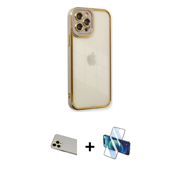 MARSİLYAN™- iPhone 12 Pro Kılıf Çekirdek Klasik Serisi - Siyah 3D Antistatik Seramik Nano Ekran Koruyucu + Rainbow Kamera Lens Koruma Cam - GD