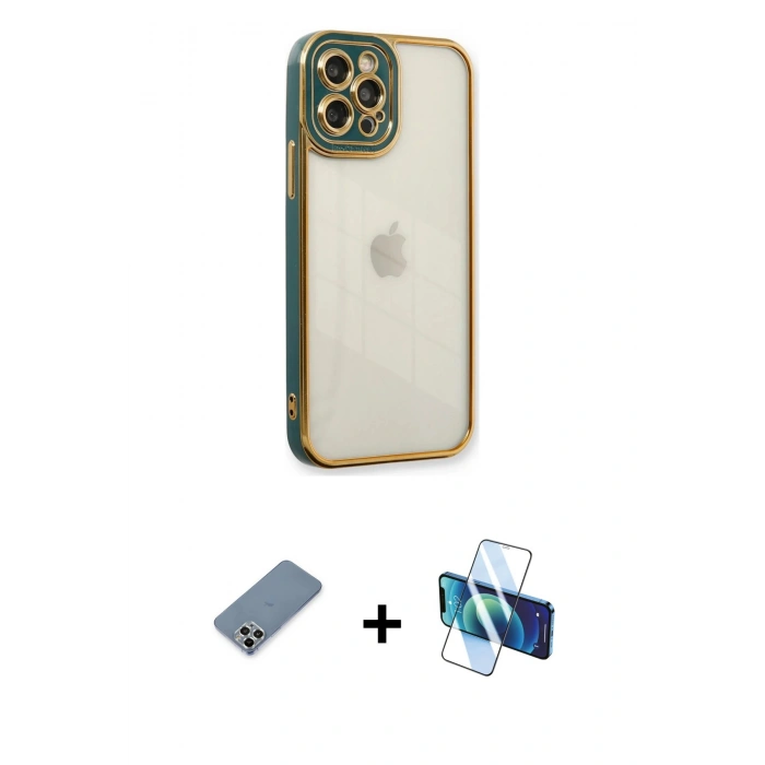 MARSİLYAN™- iPhone 12 Pro Kılıf Çekirdek Klasik Serisi - Siyah 3D Antistatik Seramik Nano Ekran Koruyucu + Metal Kamera Lens Koruma Cam - GS
