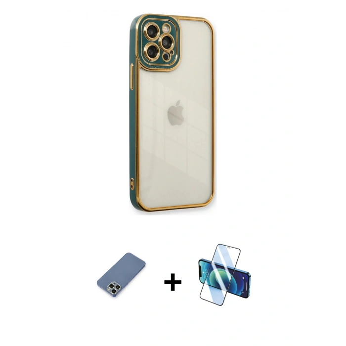 MARSİLYAN™- iPhone 12 Pro Kılıf Çekirdek Klasik Serisi - Siyah 3D Antistatik Seramik Nano Ekran Koruyucu + Metal Kamera Lens Koruma Cam - AKYL