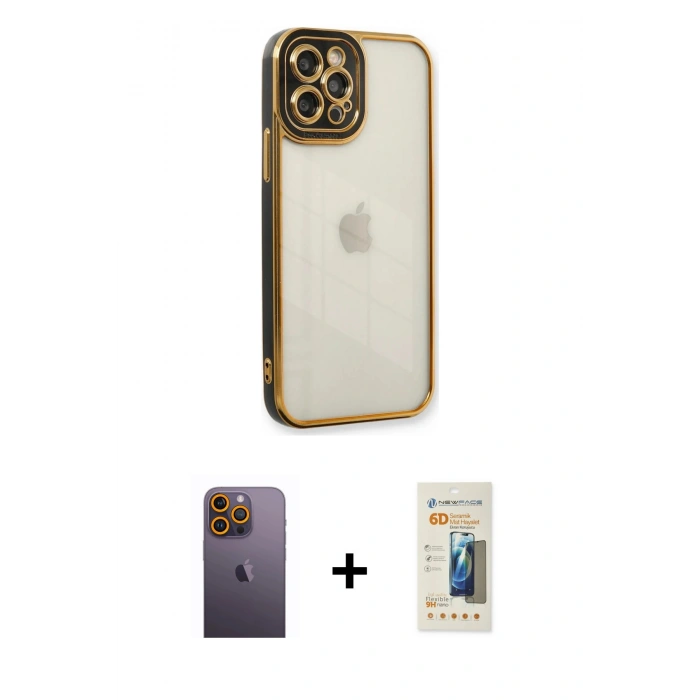 MARSİLYAN™- iPhone 12 Pro Kılıf Çekirdek Klasik Serisi - Siyah 6D Mat Seramik Hayalet Nano Ekran Koruyucu + Neon Fosforlu Kamera Lens - SI