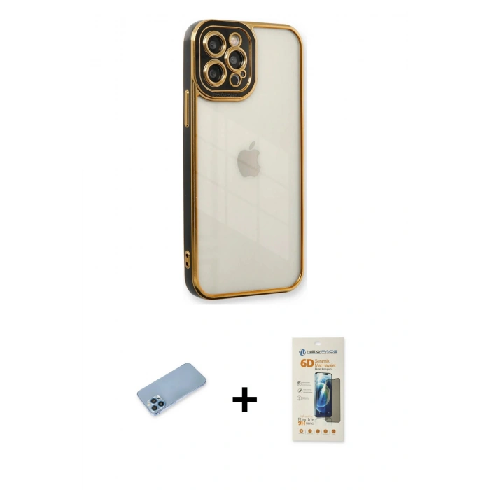 MARSİLYAN™- iPhone 12 Pro Kılıf Çekirdek Klasik Serisi - Siyah 6D Mat Seramik Hayalet Nano Ekran Koruyucu + Shine Kamera Lens Koruma Cam - MI