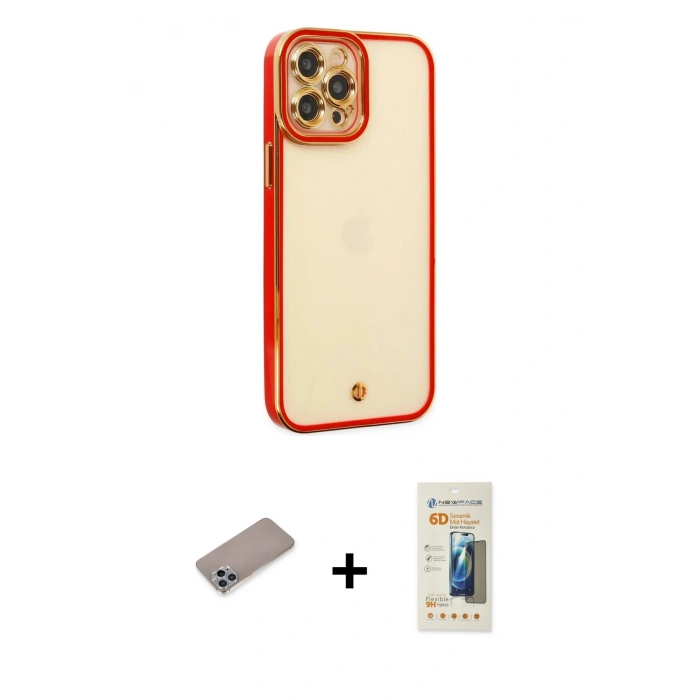 MARSİLYAN™- iPhone 12 Pro Kılıf Çekirdek Klasik Serisi - Siyah 6D Mat Seramik Hayalet Nano Ekran Koruyucu + Sierra Blue Shine Kamera Lens Koruma Cam