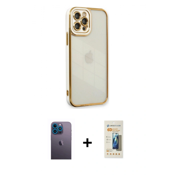 MARSİLYAN™- iPhone 12 Pro Kılıf Çekirdek Klasik Serisi - Siyah 6D Mat Seramik Hayalet Nano Ekran Koruyucu + Neon Fosforlu Kamera Lens - MI