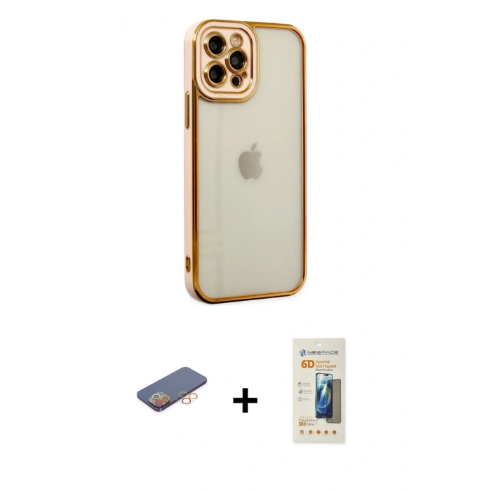 MARSİLYAN™- iPhone 12 Pro Kılıf Çekirdek Klasik Serisi - Siyah 6D Mat Seramik Hayalet Nano Ekran Koruyucu + Renkli Kamera Lens Koruma Cam - TU