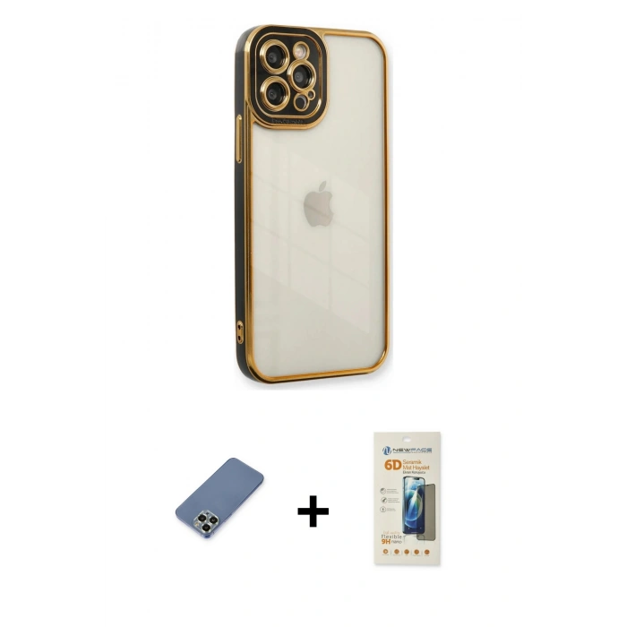 MARSİLYAN™- iPhone 12 Pro Kılıf Çekirdek Klasik Serisi - Siyah 6D Mat Seramik Hayalet Nano Ekran Koruyucu + Metal Kamera Lens Koruma Cam - AKYL