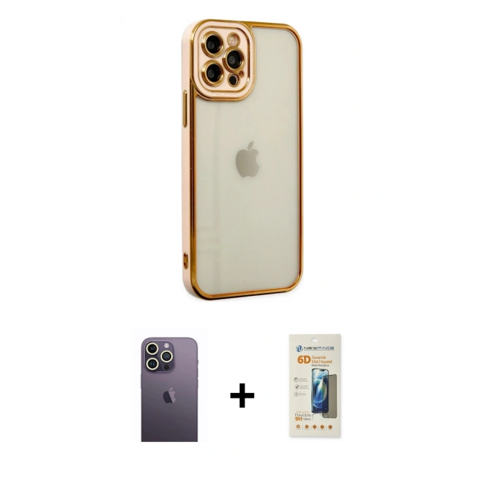 MARSİLYAN™- iPhone 12 Pro Kılıf Çekirdek Klasik Serisi - Siyah 6D Mat Seramik Hayalet Nano Ekran Koruyucu + Neon Fosforlu Kamera Lens - BZ