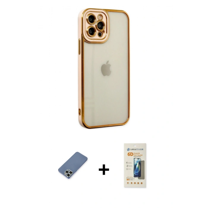 MARSİLYAN™- iPhone 12 Pro Kılıf Çekirdek Klasik Serisi - Siyah 6D Mat Seramik Hayalet Nano Ekran Koruyucu + Metal Kamera Lens Koruma Cam - AKYL