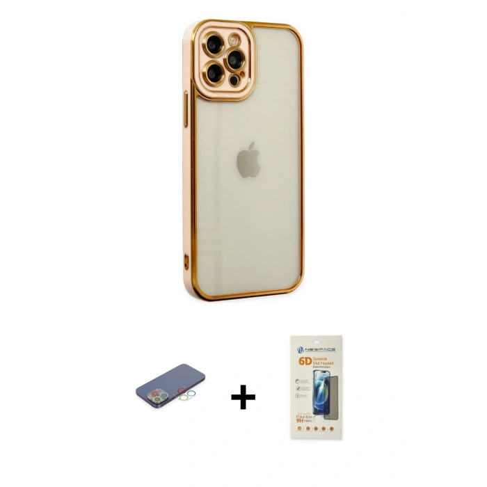 MARSİLYAN™- iPhone 12 Pro Kılıf Çekirdek Klasik Serisi - Siyah 6D Mat Seramik Hayalet Nano Ekran Koruyucu + Mavi Renkli Kamera Lens Koruma Cam