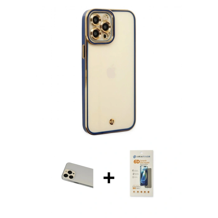 MARSİLYAN™- iPhone 12 Pro Kılıf Çekirdek Klasik Serisi - Siyah 6D Mat Seramik Hayalet Nano Ekran Koruyucu + Rainbow Kamera Lens Koruma Cam - GD