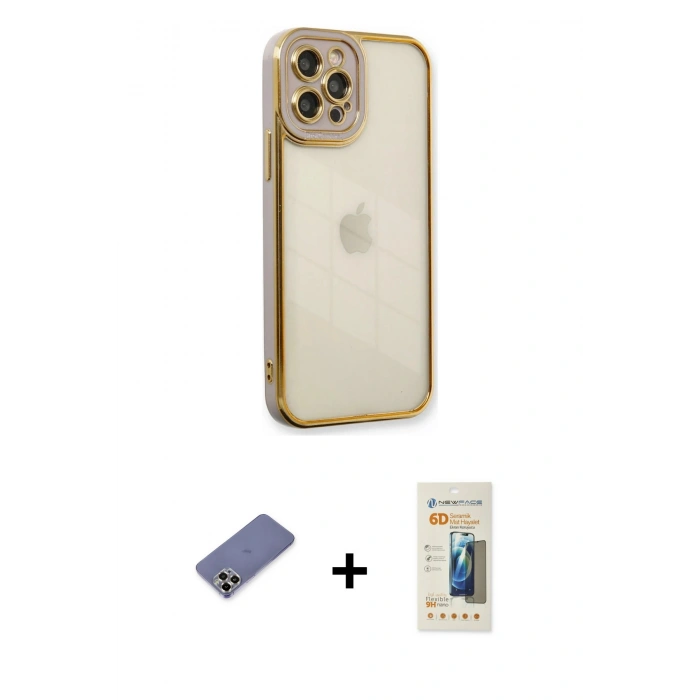 MARSİLYAN™- iPhone 12 Pro Kılıf Çekirdek Klasik Serisi - Siyah 6D Mat Seramik Hayalet Nano Ekran Koruyucu + Gold Metal Kamera Lens Koruma Cam
