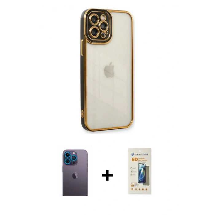 MARSİLYAN™- iPhone 12 Pro Kılıf Çekirdek Klasik Serisi - Siyah 6D Mat Seramik Hayalet Nano Ekran Koruyucu + Neon Fosforlu Kamera Lens - MI