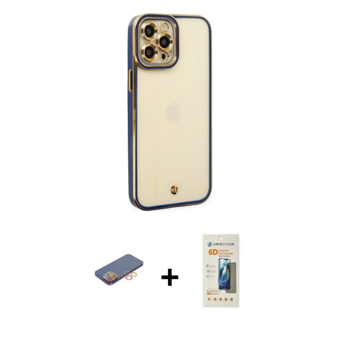 MARSİLYAN™- iPhone 12 Pro Kılıf Çekirdek Klasik Serisi - Siyah 6D Mat Seramik Hayalet Nano Ekran Koruyucu + Renkli Kamera Lens Koruma Cam - TU