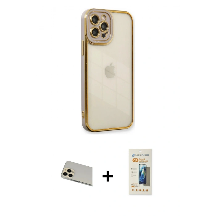 MARSİLYAN™- iPhone 12 Pro Kılıf Çekirdek Klasik Serisi - Siyah 6D Mat Seramik Hayalet Nano Ekran Koruyucu + Rainbow Kamera Lens Koruma Cam - GD