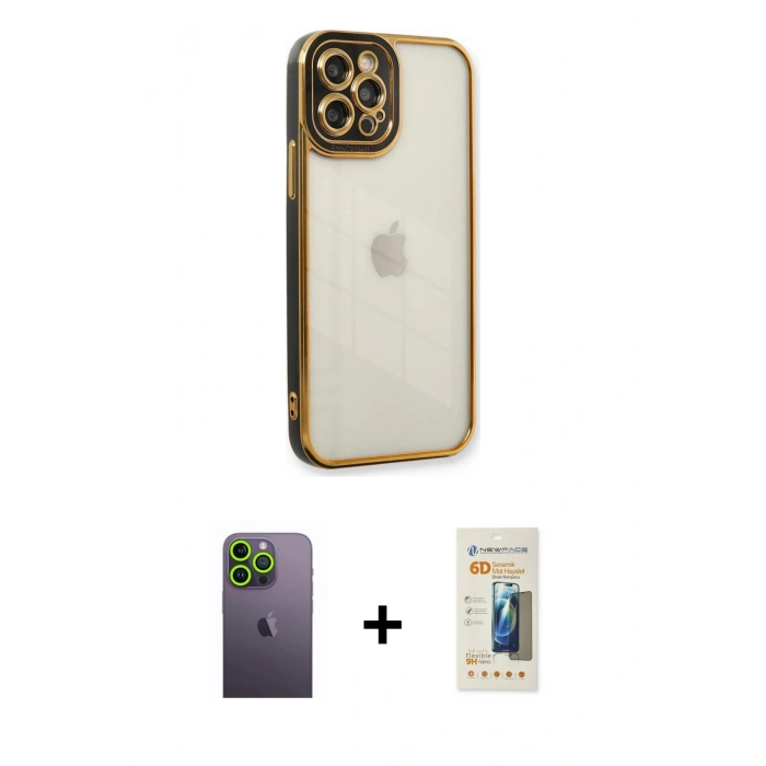 MARSİLYAN™- iPhone 12 Pro Kılıf Çekirdek Klasik Serisi - Siyah 6D Mat Seramik Hayalet Nano Ekran Koruyucu + Neon Fosforlu Kamera Lens - YL