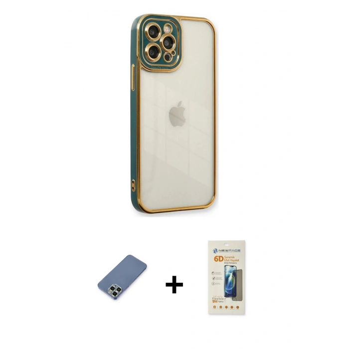 MARSİLYAN™- iPhone 12 Pro Kılıf Çekirdek Klasik Serisi - Siyah 6D Mat Seramik Hayalet Nano Ekran Koruyucu + Metal Kamera Lens Koruma Cam - AKYL