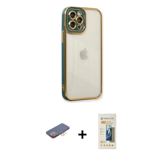 MARSİLYAN™- iPhone 12 Pro Kılıf Çekirdek Klasik Serisi - Siyah 6D Mat Seramik Hayalet Nano Ekran Koruyucu + Renkli Kamera Lens Koruma Cam - TU