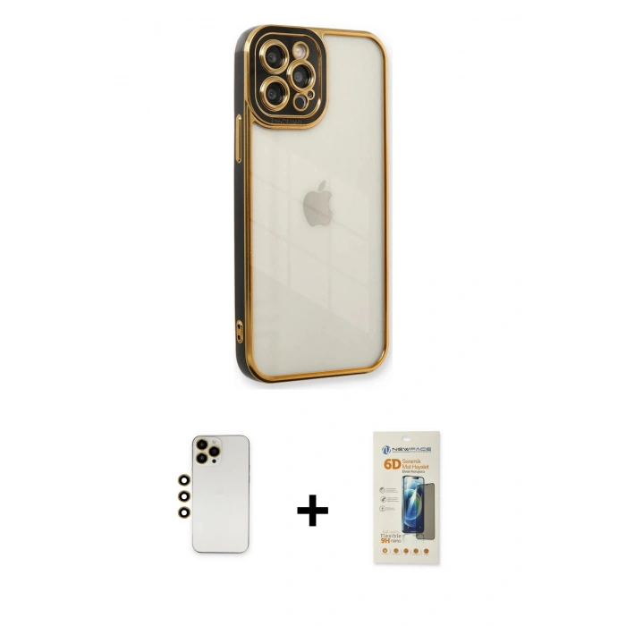 MARSİLYAN™- iPhone 12 Pro Kılıf Çekirdek Klasik Serisi - Siyah 6D Mat Seramik Hayalet Nano Ekran Koruyucu + Shine Kamera Lens - GD