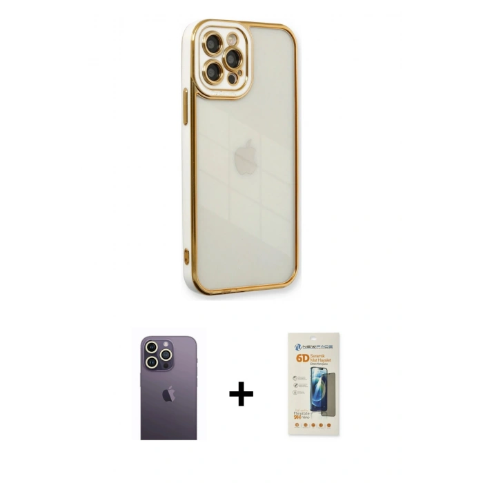 MARSİLYAN™- iPhone 12 Pro Kılıf Çekirdek Klasik Serisi - Siyah 6D Mat Seramik Hayalet Nano Ekran Koruyucu + Neon Fosforlu Kamera Lens - BZ