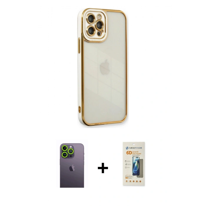 MARSİLYAN™- iPhone 12 Pro Kılıf Çekirdek Klasik Serisi - Siyah 6D Mat Seramik Hayalet Nano Ekran Koruyucu + Neon Fosforlu Kamera Lens - YL