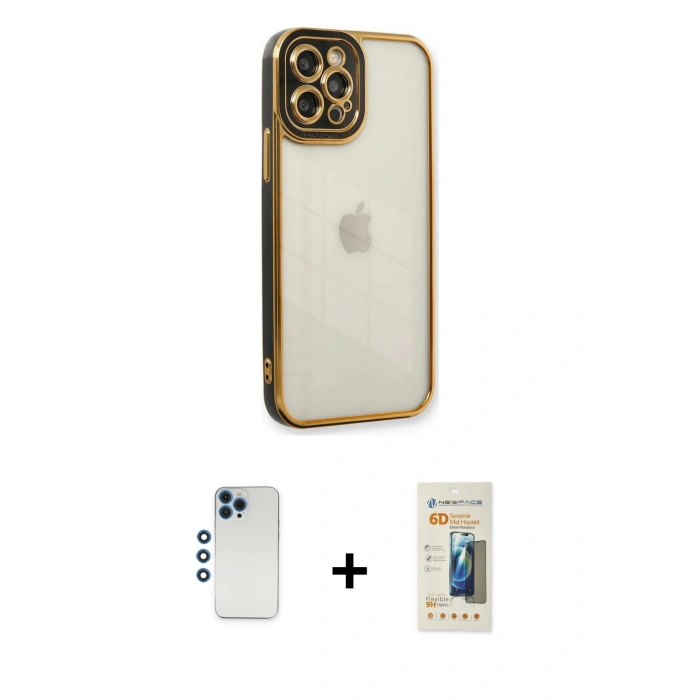 MARSİLYAN™- iPhone 12 Pro Kılıf Çekirdek Klasik Serisi - Siyah 6D Mat Seramik Hayalet Nano Ekran Koruyucu + Shine Kamera Lens - MI