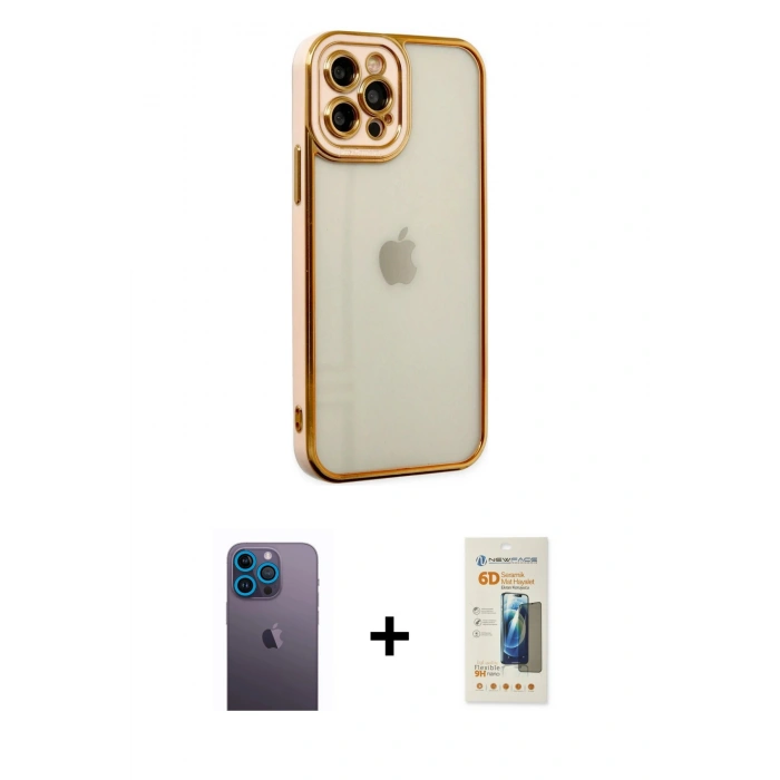 MARSİLYAN™- iPhone 12 Pro Kılıf Çekirdek Klasik Serisi - Siyah 6D Mat Seramik Hayalet Nano Ekran Koruyucu + Neon Fosforlu Kamera Lens - MI