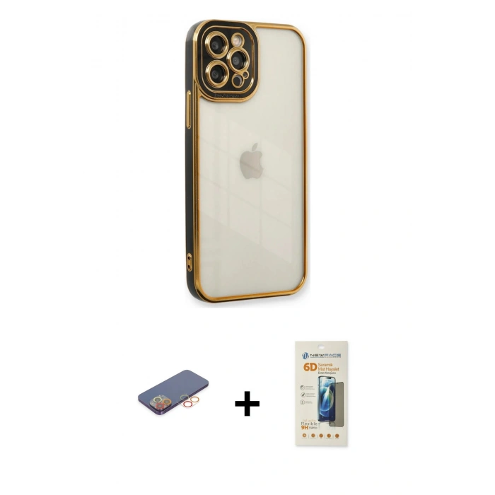 MARSİLYAN™- iPhone 12 Pro Kılıf Çekirdek Klasik Serisi - Siyah 6D Mat Seramik Hayalet Nano Ekran Koruyucu + Renkli Kamera Lens Koruma Cam - TU