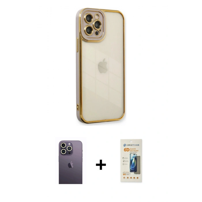MARSİLYAN™- iPhone 12 Pro Kılıf Çekirdek Klasik Serisi - Siyah 6D Mat Seramik Hayalet Nano Ekran Koruyucu + Neon Fosforlu Kamera Lens - BZ