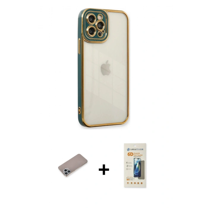 MARSİLYAN™- iPhone 12 Pro Kılıf Çekirdek Klasik Serisi - Siyah 6D Mat Seramik Hayalet Nano Ekran Koruyucu + Sierra Blue Shine Kamera Lens Koruma Cam