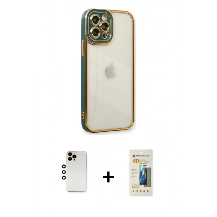 MARSİLYAN™- iPhone 12 Pro Kılıf Çekirdek Klasik Serisi - Siyah 6D Mat Seramik Hayalet Nano Ekran Koruyucu + Shine Kamera Lens - GD