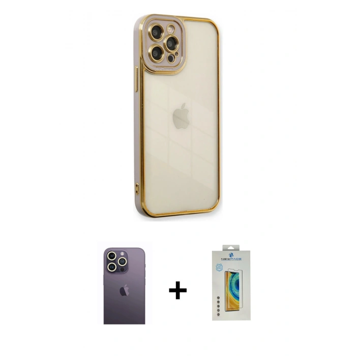 MARSİLYAN™- iPhone 12 Pro Kılıf Çekirdek Klasik Serisi - Siyah Polymer Nano Ekran Koruyucu + Neon Fosforlu Kamera Lens - BZ