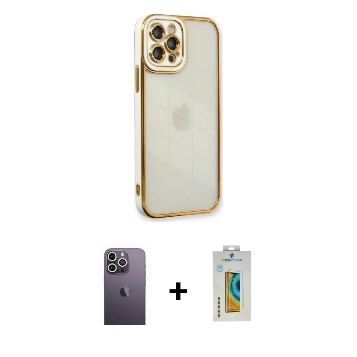 MARSİLYAN™- iPhone 12 Pro Kılıf Çekirdek Klasik Serisi - Siyah Polymer Nano Ekran Koruyucu + Neon Fosforlu Kamera Lens - BZ