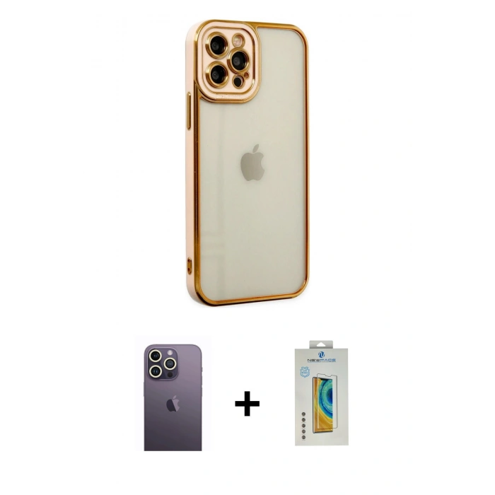 MARSİLYAN™- iPhone 12 Pro Kılıf Çekirdek Klasik Serisi - Siyah Polymer Nano Ekran Koruyucu + Neon Fosforlu Kamera Lens - BZ