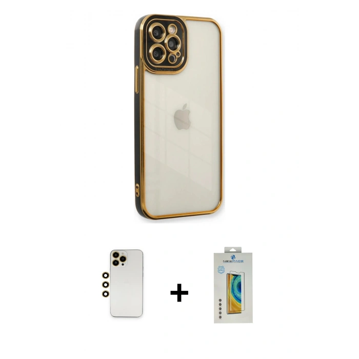 MARSİLYAN™- iPhone 12 Pro Kılıf Çekirdek Klasik Serisi - Siyah Polymer Nano Ekran Koruyucu + Shine Kamera Lens - GD
