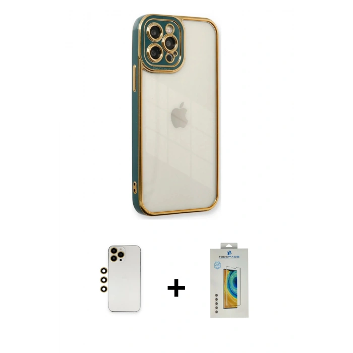 MARSİLYAN™- iPhone 12 Pro Kılıf Çekirdek Klasik Serisi - Siyah Polymer Nano Ekran Koruyucu + Shine Kamera Lens - GD