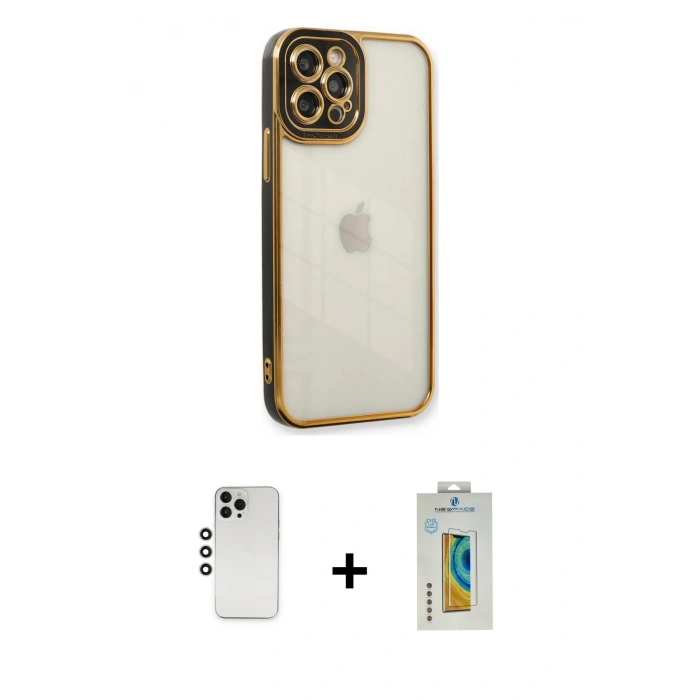 MARSİLYAN™- iPhone 12 Pro Kılıf Çekirdek Klasik Serisi - Siyah Polymer Nano Ekran Koruyucu + Shine Kamera Lens - GS