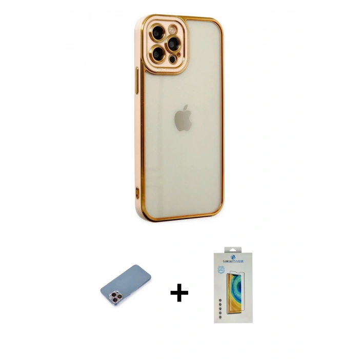 MARSİLYAN™- iPhone 12 Pro Kılıf Çekirdek Klasik Serisi - Siyah Polymer Nano Ekran Koruyucu + Shine Kamera Lens Koruma Cam - PE