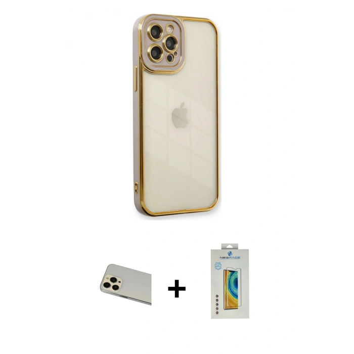 MARSİLYAN™- iPhone 12 Pro Kılıf Çekirdek Klasik Serisi - Siyah Polymer Nano Ekran Koruyucu + Rainbow Kamera Lens Koruma Cam - GD
