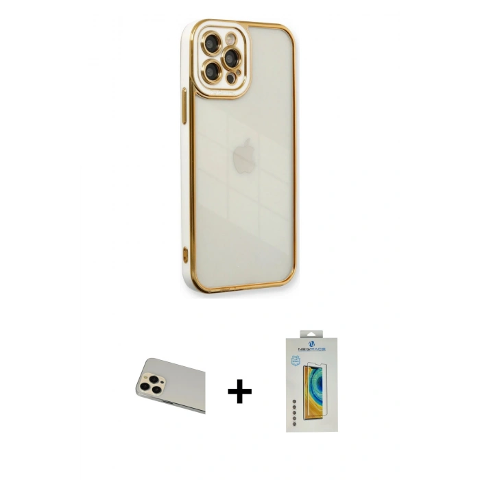 MARSİLYAN™- iPhone 12 Pro Kılıf Çekirdek Klasik Serisi - Siyah Polymer Nano Ekran Koruyucu + Rainbow Kamera Lens Koruma Cam - GD