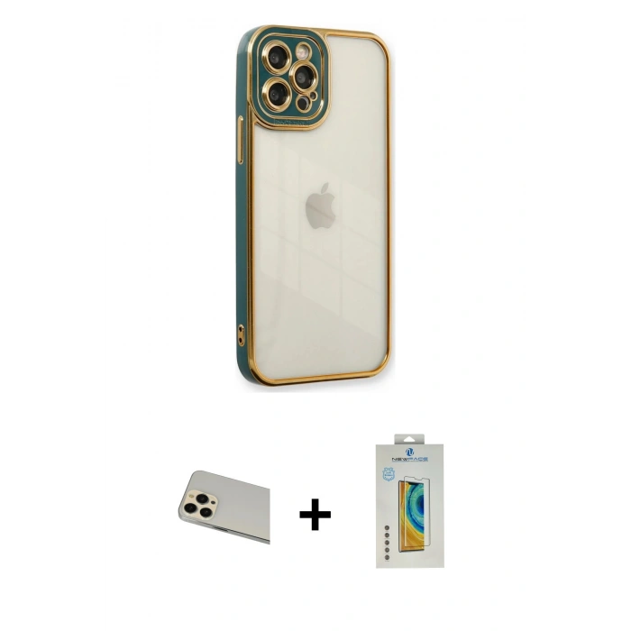 MARSİLYAN™- iPhone 12 Pro Kılıf Çekirdek Klasik Serisi - Siyah Polymer Nano Ekran Koruyucu + Rainbow Kamera Lens Koruma Cam - GD