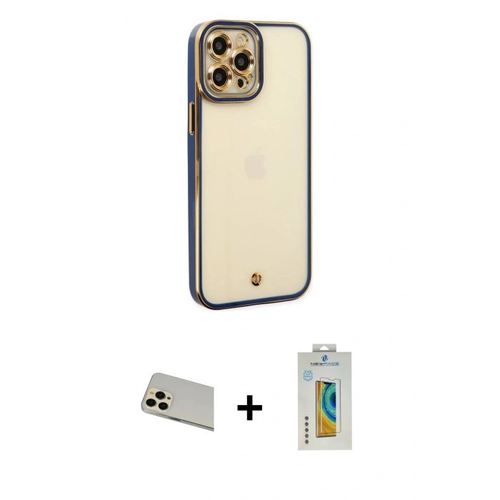 MARSİLYAN™- iPhone 12 Pro Kılıf Çekirdek Klasik Serisi - Siyah Polymer Nano Ekran Koruyucu + Rainbow Kamera Lens Koruma Cam - GD