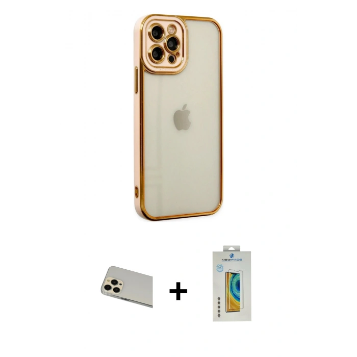 MARSİLYAN™- iPhone 12 Pro Kılıf Çekirdek Klasik Serisi - Siyah Polymer Nano Ekran Koruyucu + Rainbow Kamera Lens Koruma Cam - GD