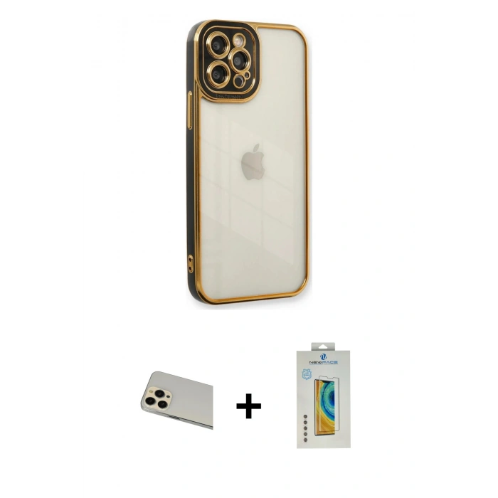 MARSİLYAN™- iPhone 12 Pro Kılıf Çekirdek Klasik Serisi - Siyah Polymer Nano Ekran Koruyucu + Rainbow Kamera Lens Koruma Cam - GD