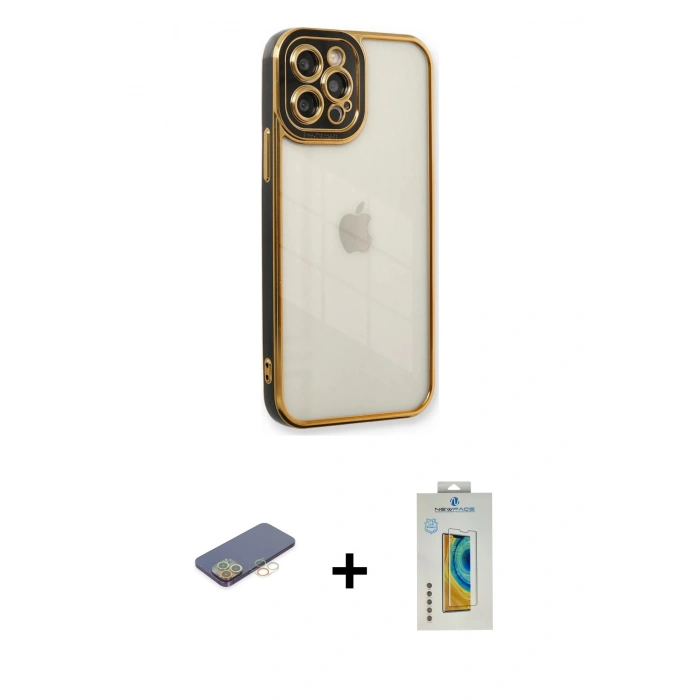 MARSİLYAN™- iPhone 12 Pro Kılıf Çekirdek Klasik Serisi - Siyah Polymer Nano Ekran Koruyucu + Renkli Kamera Lens Koruma Cam - SI