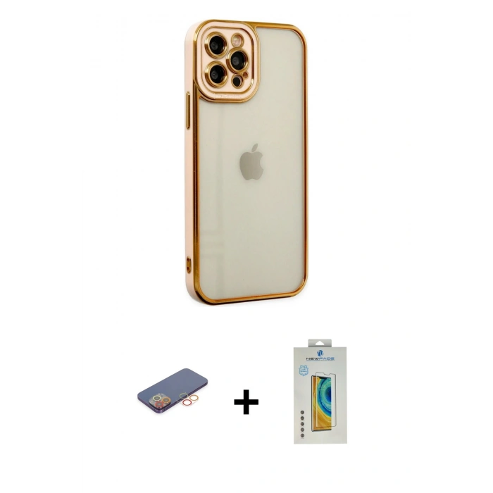 MARSİLYAN™- iPhone 12 Pro Kılıf Çekirdek Klasik Serisi - Siyah Polymer Nano Ekran Koruyucu + Renkli Kamera Lens Koruma Cam - TU