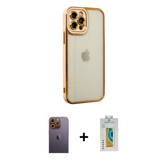 MARSİLYAN™- iPhone 12 Pro Kılıf Çekirdek Klasik Serisi - Siyah Polymer Nano Ekran Koruyucu + Neon Fosforlu Kamera Lens - SI