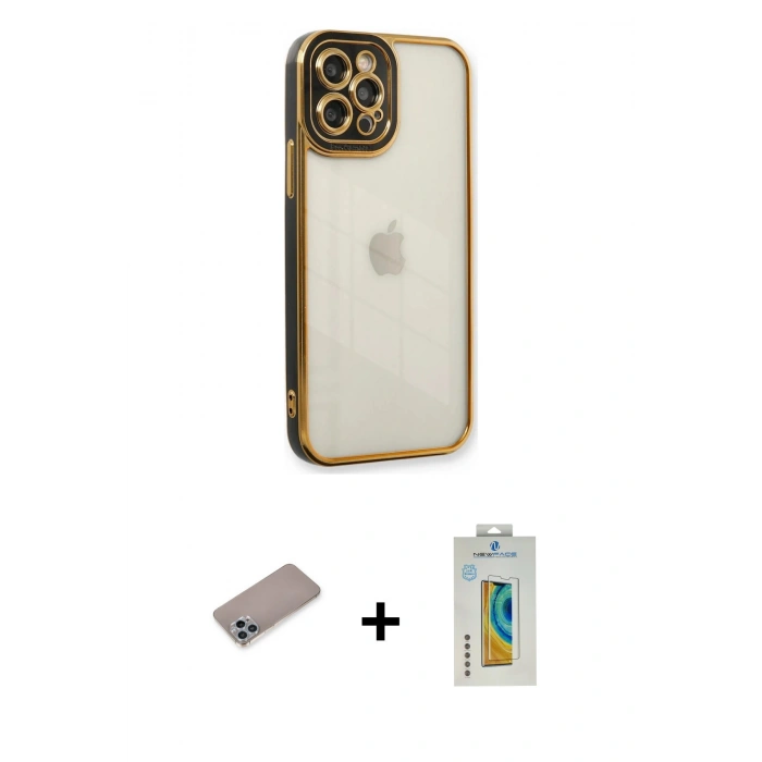 MARSİLYAN™- iPhone 12 Pro Kılıf Çekirdek Klasik Serisi - Siyah Polymer Nano Ekran Koruyucu + Shine Kamera Lens Koruma Cam - SABE
