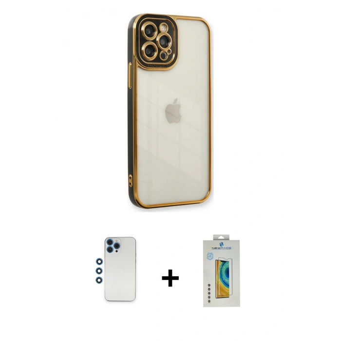 MARSİLYAN™- iPhone 12 Pro Kılıf Çekirdek Klasik Serisi - Siyah Polymer Nano Ekran Koruyucu + Shine Kamera Lens - MI