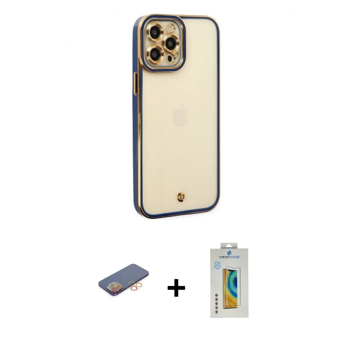 MARSİLYAN™- iPhone 12 Pro Kılıf Çekirdek Klasik Serisi - Siyah Polymer Nano Ekran Koruyucu + Turuncu Renkli Kamera Lens Koruma Cam