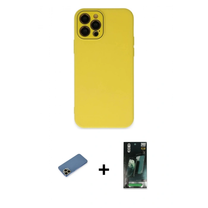 MARSİLYAN™- iPhone 12 Pro Kılıf Çekirdek Modern Serisi - Şeffaf 360 Full Body Arka Koruyucu + Shine Kamera Lens Koruma Cam - GD