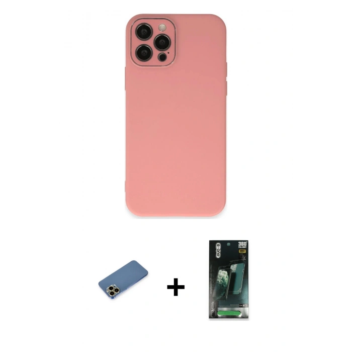 MARSİLYAN™- iPhone 12 Pro Kılıf Çekirdek Modern Serisi - Şeffaf 360 Full Body Arka Koruyucu + Shine Kamera Lens Koruma Cam - GD